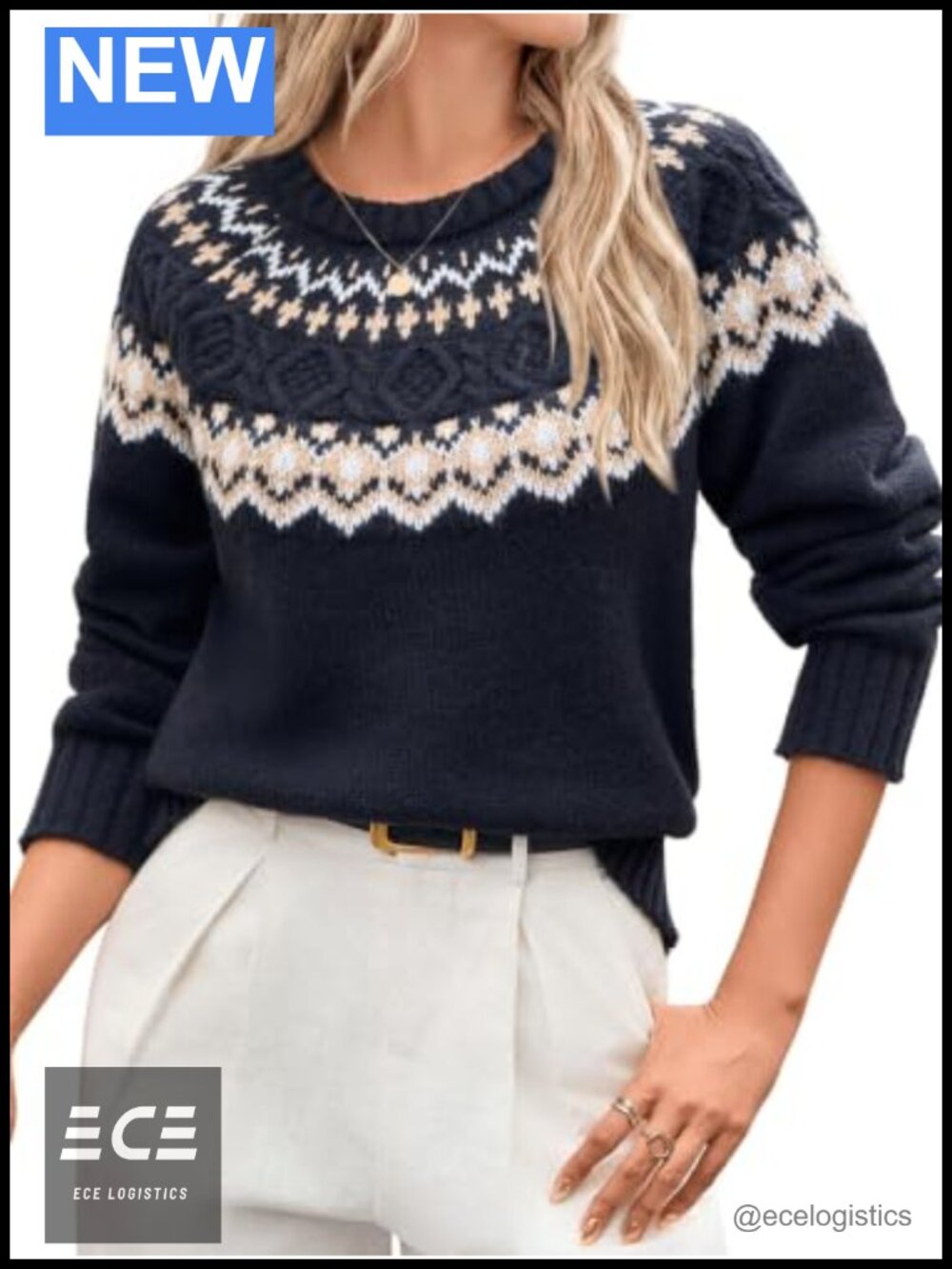 Fair Isle Sweater Long Sleeve Crew Neck Pullover Fall Winter Knit Top